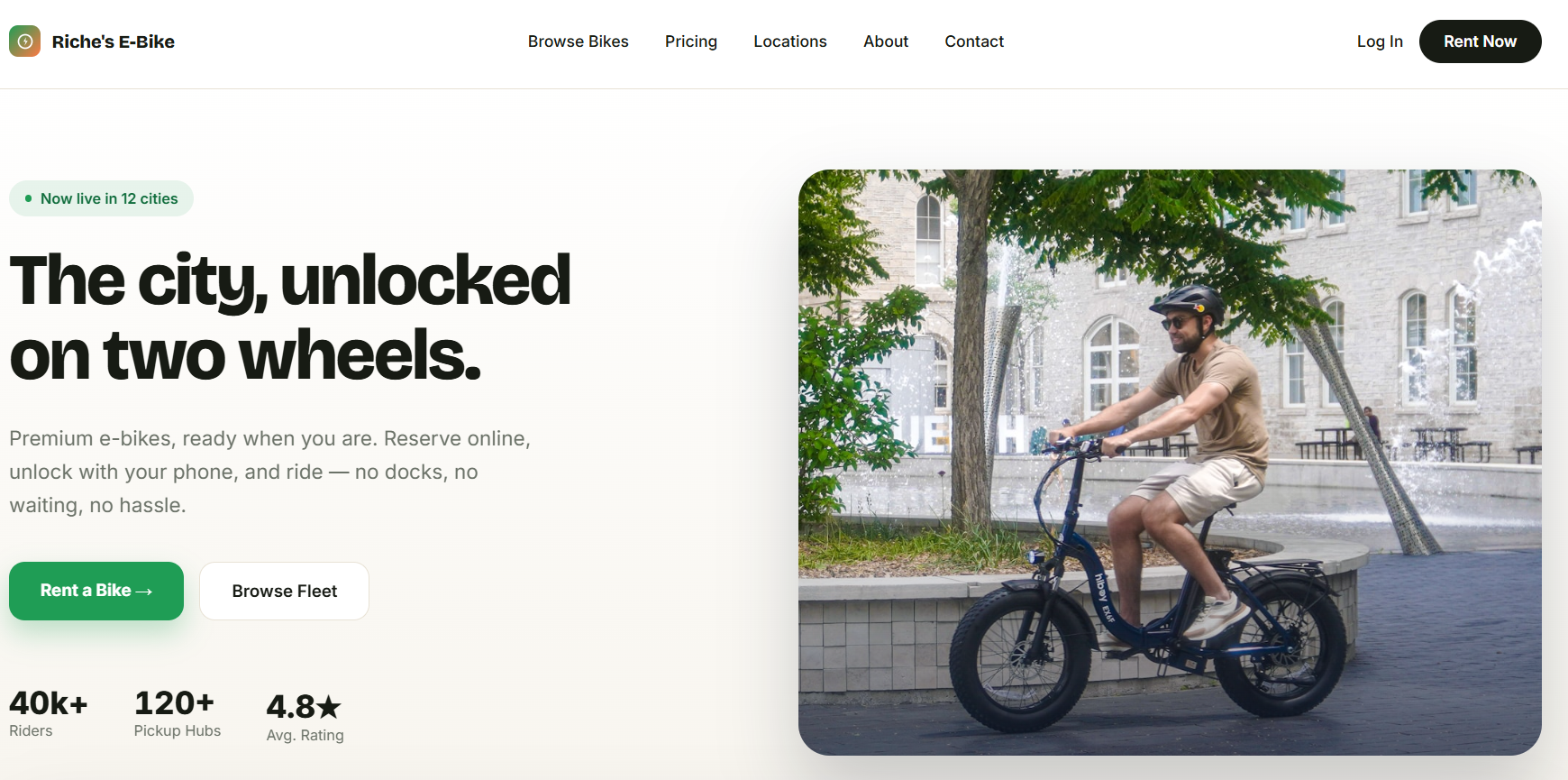 Homepage of an e-bike rental website with a hero image, live stats, and a rent-now call to action